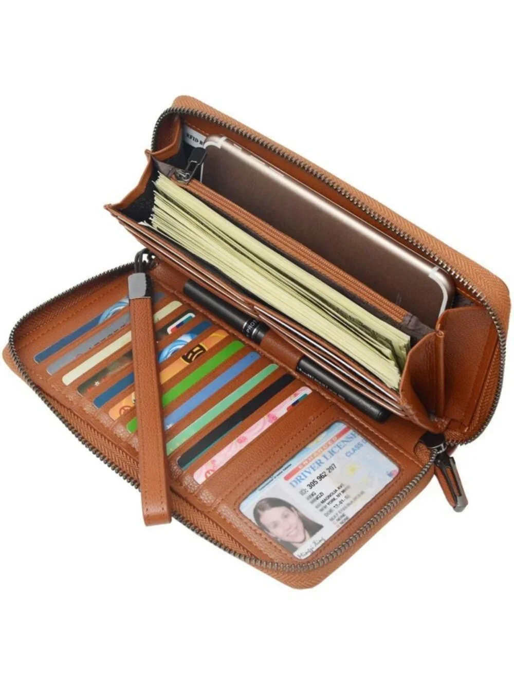 RFID Blocking Leather Zip Around Wallet - Large Capacity Travel Clutch